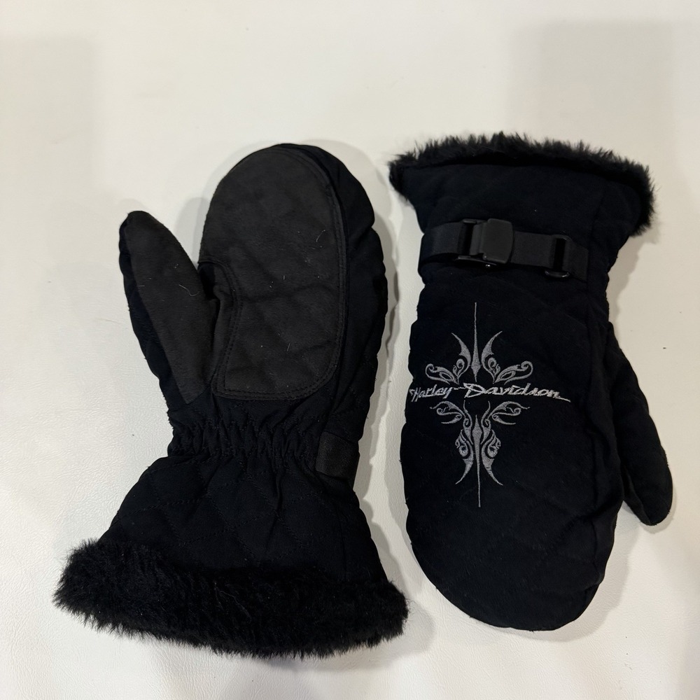 Harley-Davidson Women's Small Quilted Winter Mittens Black Faux Fur 2005 - Picture 11 of 12